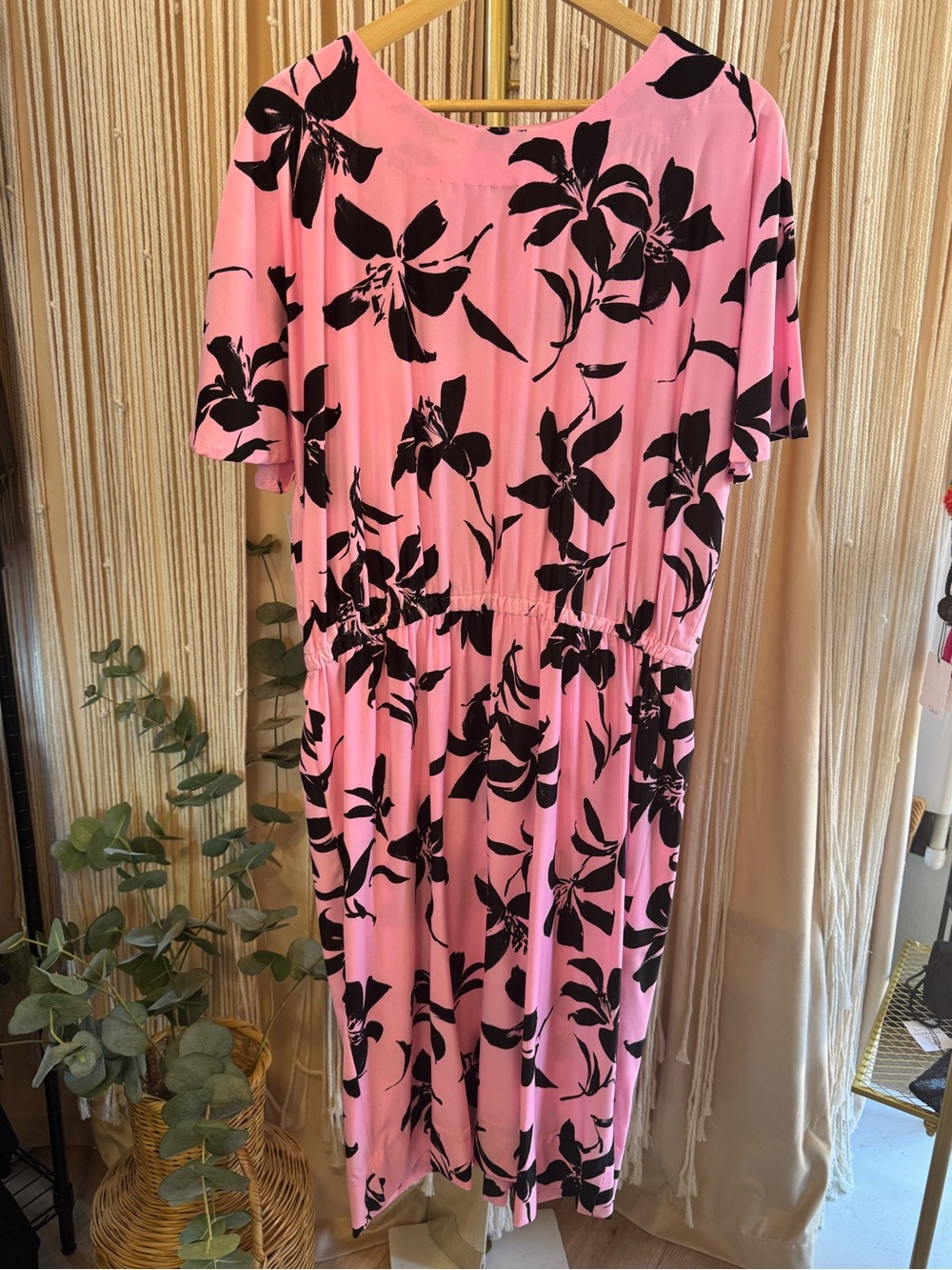 Vintage handmade short-sleeve pink dress black floral lily print elastic waist